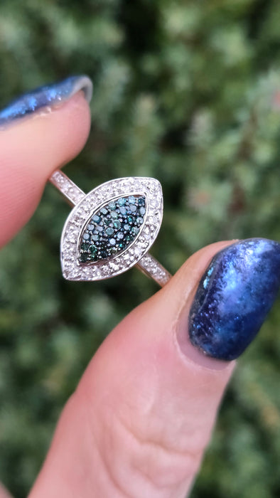 6458: Vintage 9ct Gold Blue & White Diamond Marquise Cluster Ring