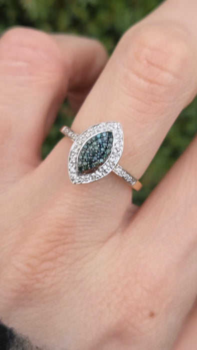 6458: Vintage 9ct Gold Blue & White Diamond Marquise Cluster Ring