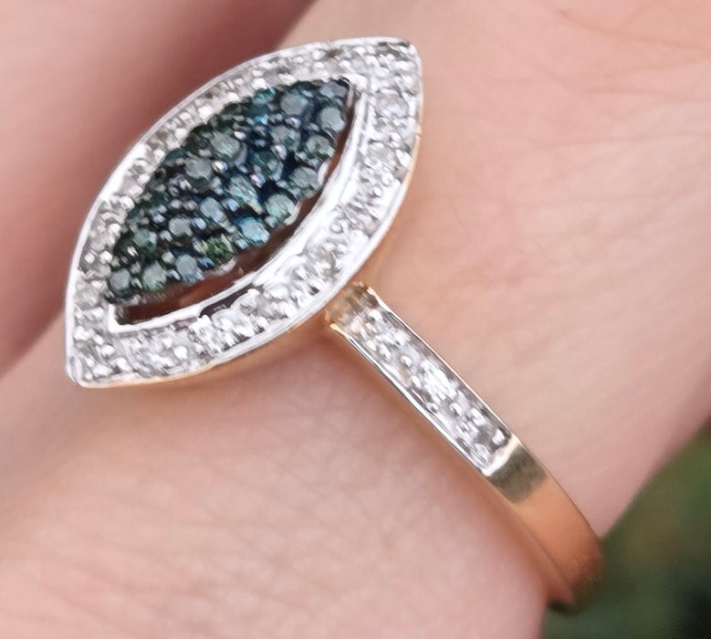 6458: Vintage 9ct Gold Blue & White Diamond Marquise Cluster Ring