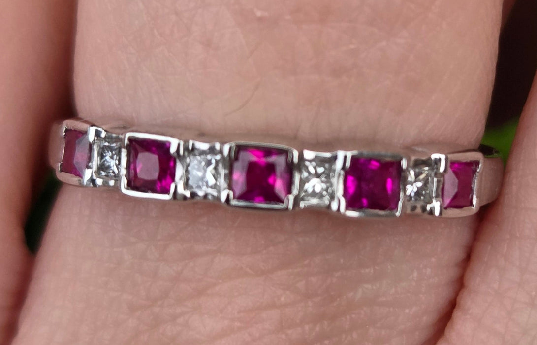 6374 Vintage: 18ct White Gold Ruby & Diamond Half Eternity Ring