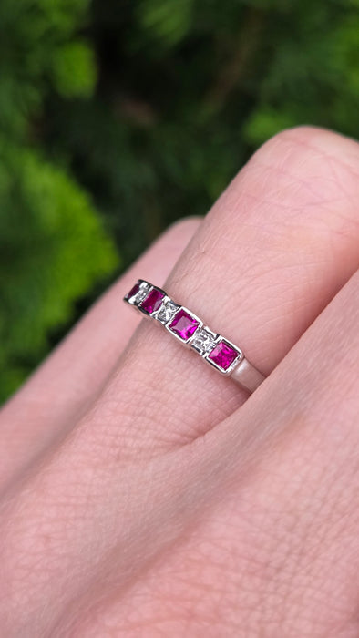 6374 Vintage: 18ct White Gold Ruby & Diamond Half Eternity Ring