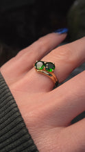 Load image into Gallery viewer, 1899: Vintage: 9ct Gold Green Diopsides Crossover Promise Ring- enchanting
