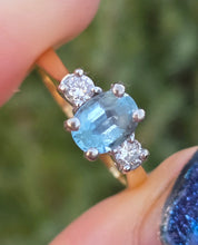 Load image into Gallery viewer, 2012: Vintage: 18ct Gold Blue Aquamarine Diamonds 3-Stone Straight Ring
