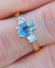 Load image into Gallery viewer, 2012: Vintage: 18ct Gold Blue Aquamarine Diamonds 3-Stone Straight Ring
