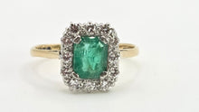 Load image into Gallery viewer, 2570: Vintage 18ct Gold Platinum Set Emerald Diamonds Cluster Ring- From 1964
