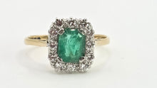 Load image into Gallery viewer, 2570: Vintage 18ct Gold Platinum Set Emerald Diamonds Cluster Ring- From 1964
