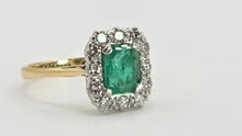 Load image into Gallery viewer, 2570: Vintage 18ct Gold Platinum Set Emerald Diamonds Cluster Ring- From 1964
