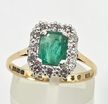 Load image into Gallery viewer, 2570: Vintage 18ct Gold Platinum Set Emerald Diamonds Cluster Ring- From 1964
