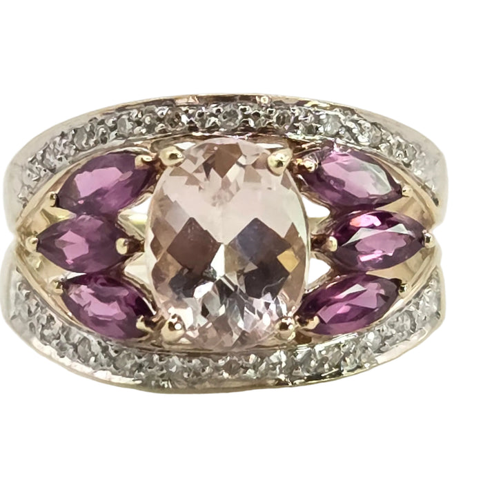 Vintage: 9ct Yellow Gold Morganite, Amethyst & Diamond Cocktail Ring