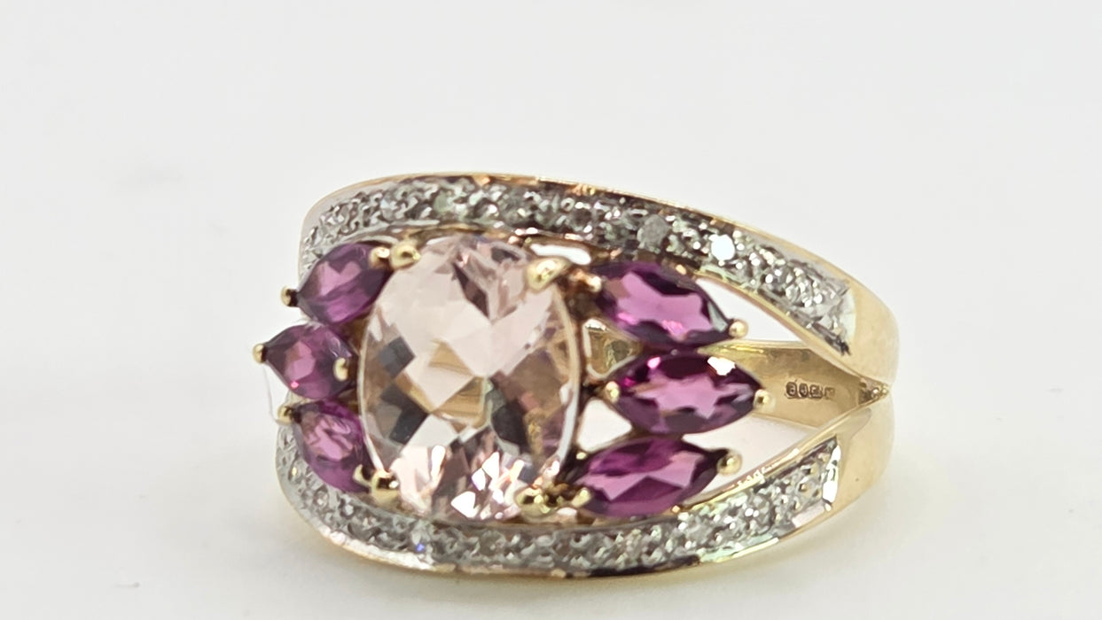 Vintage: 9ct Yellow Gold Morganite, Amethyst & Diamond Cocktail Ring