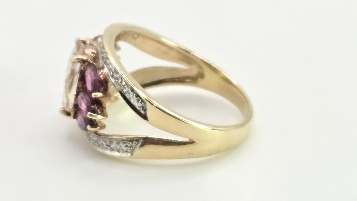 Vintage: 9ct Yellow Gold Morganite, Amethyst & Diamond Cocktail Ring