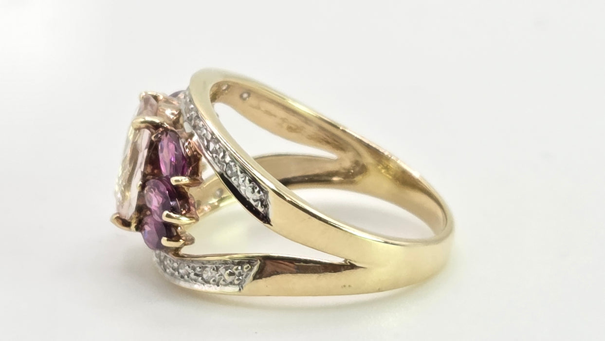 Vintage: 9ct Yellow Gold Morganite, Amethyst & Diamond Cocktail Ring