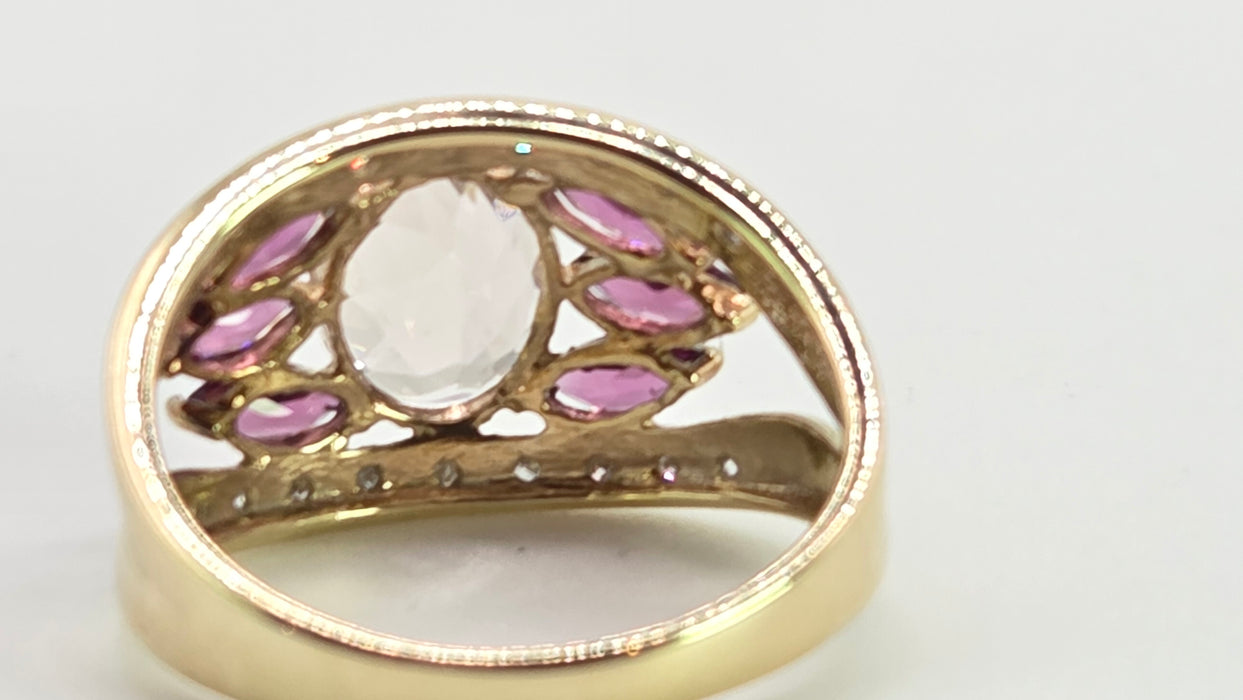 Vintage: 9ct Yellow Gold Morganite, Amethyst & Diamond Cocktail Ring