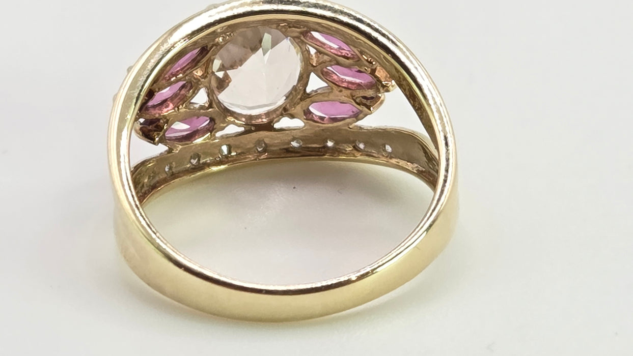 Vintage: 9ct Yellow Gold Morganite, Amethyst & Diamond Cocktail Ring