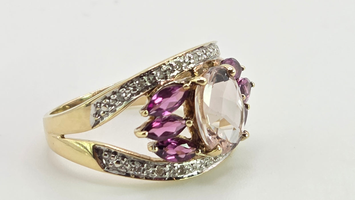 Vintage: 9ct Yellow Gold Morganite, Amethyst & Diamond Cocktail Ring