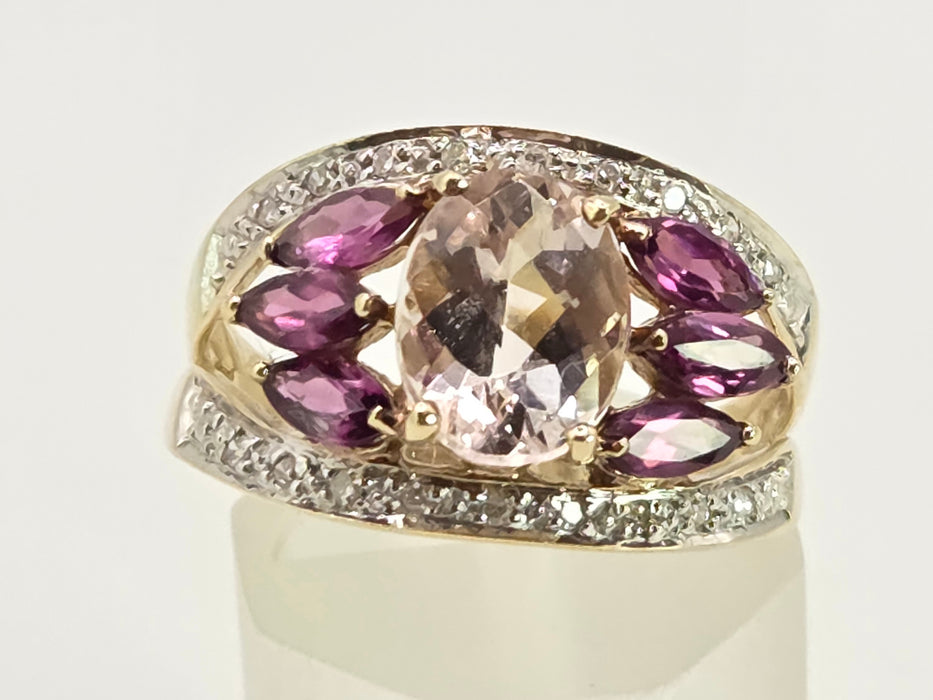 Vintage: 9ct Yellow Gold Morganite, Amethyst & Diamond Cocktail Ring