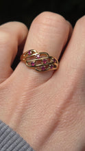 Load image into Gallery viewer, 1840: Vintage: 9ct Gold Lattice Work 7 Rubies Dress Ring- Lovely symmetry
