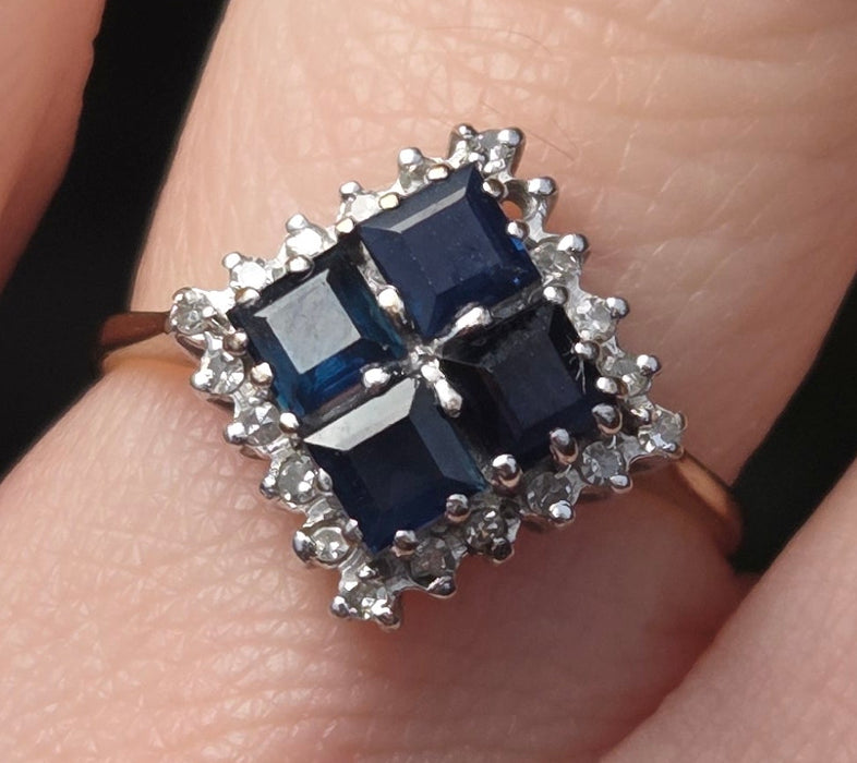 2798: Vintage 9ct Gold Blue Sapphires Natural Diamonds Geometric Set Ring