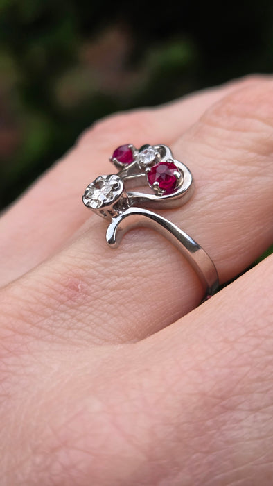 6842 Vintage; 14ct White Gold Rubies Diamonds  Openwork Bypass Dress Ring