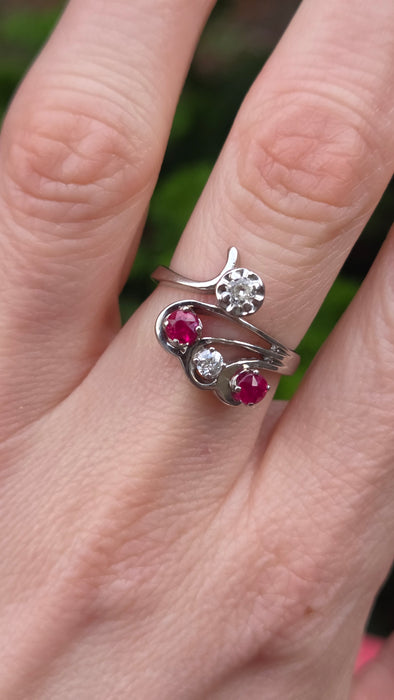 6842 Vintage; 14ct White Gold Rubies Diamonds  Openwork Bypass Dress Ring