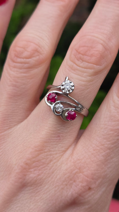 6842 Vintage; 14ct White Gold Rubies Diamonds  Openwork Bypass Dress Ring