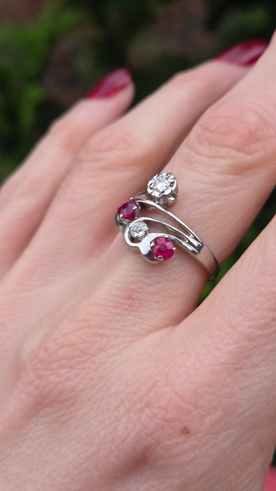 6842 Vintage; 14ct White Gold Rubies Diamonds  Openwork Bypass Dress Ring