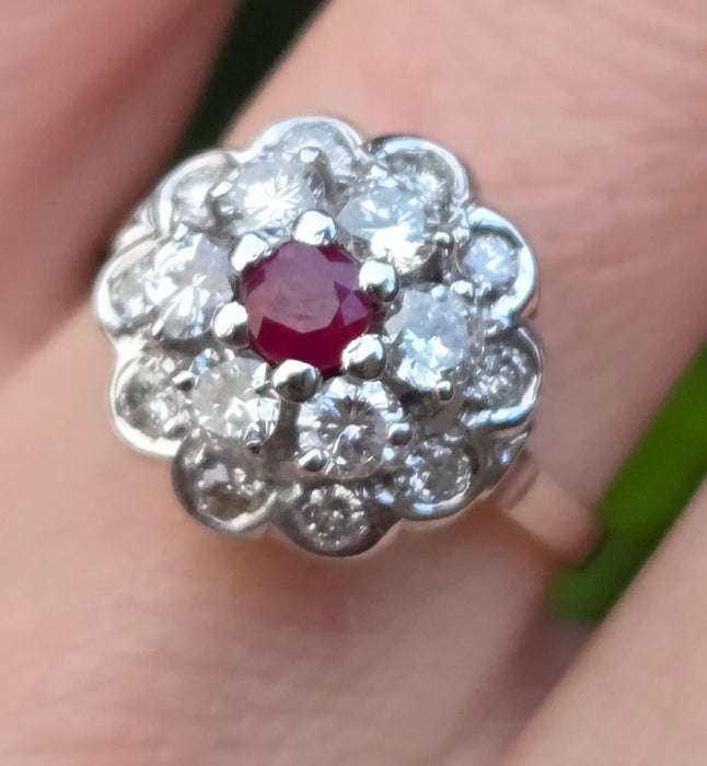 2821- Vintage 14ct White Gold  Ruby Natural Sparkling Diamonds (1.58ct) Cluster Ring