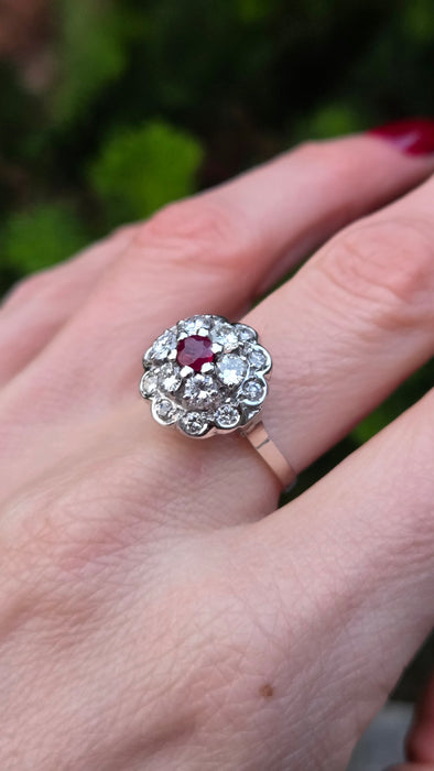 2821- Vintage 14ct White Gold  Ruby Natural Sparkling Diamonds (1.58ct) Cluster Ring