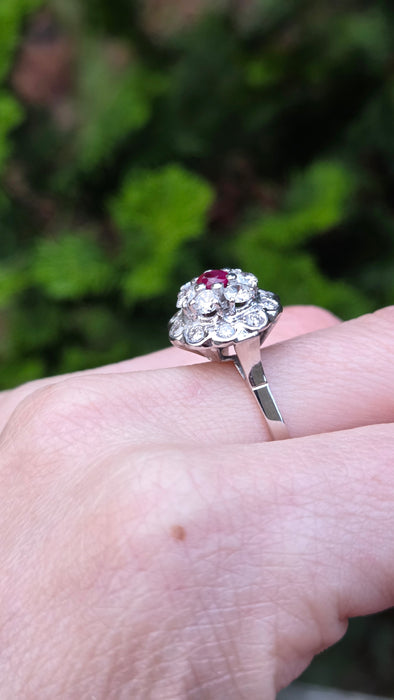 2821- Vintage 14ct White Gold  Ruby Natural Sparkling Diamonds (1.58ct) Cluster Ring