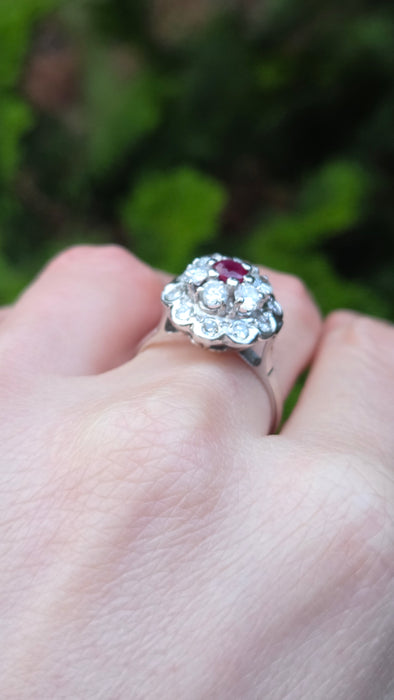2821- Vintage 14ct White Gold  Ruby Natural Sparkling Diamonds (1.58ct) Cluster Ring