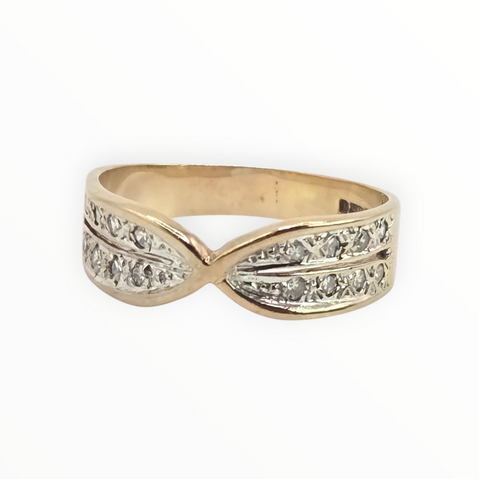 Vintage: 9ct Yellow Gold Natural Diamond Crossover Dress Ring