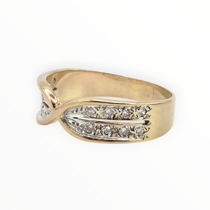 Vintage: 9ct Yellow Gold Natural Diamond Crossover Dress Ring