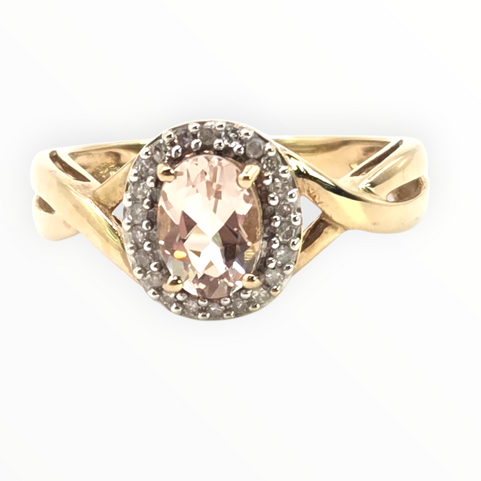 2720: Vintage 9ct Gold Pink Morganite 22  Natural Sparkling Diamonds Dress Ring