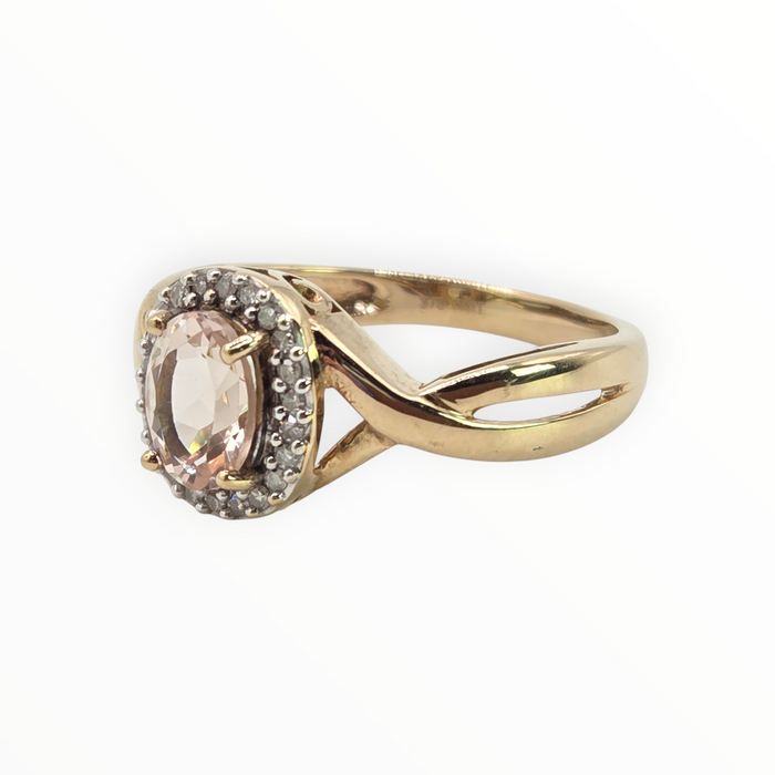2720: Vintage 9ct Gold Pink Morganite 22  Natural Sparkling Diamonds Dress Ring