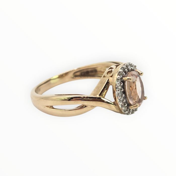 2720: Vintage 9ct Gold Pink Morganite 22  Natural Sparkling Diamonds Dress Ring