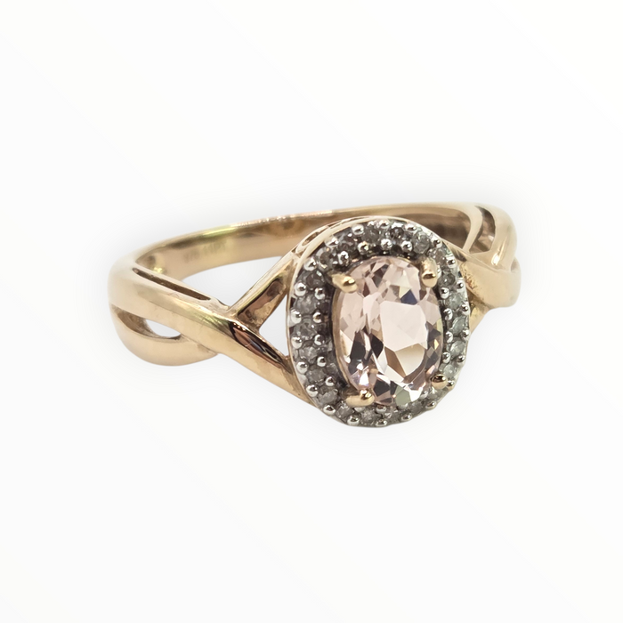 2720: Vintage 9ct Gold Pink Morganite 22  Natural Sparkling Diamonds Dress Ring