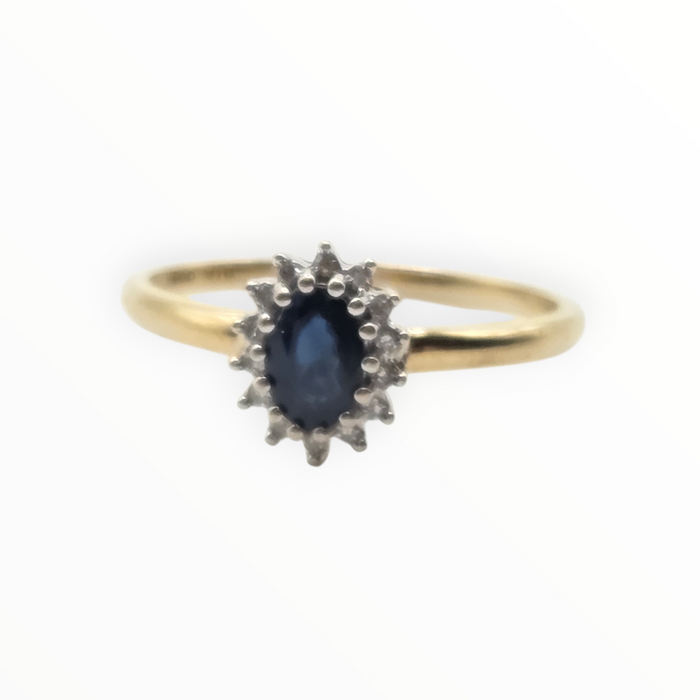 2762: Vintage 18ct Gold Blue Sapphire 16 Natural Diamonds Daisy Cluster Ring