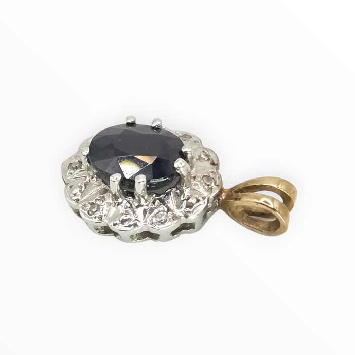 2810: Vintage 9ct Gold Blue Sapphire Diamonds Diana Style Pendant