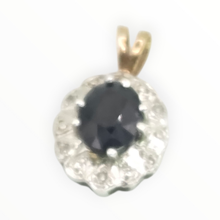 2810: Vintage 9ct Gold Blue Sapphire Diamonds Diana Style Pendant