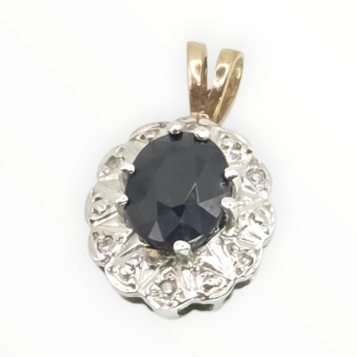 2810: Vintage 9ct Gold Blue Sapphire Diamonds Diana Style Pendant