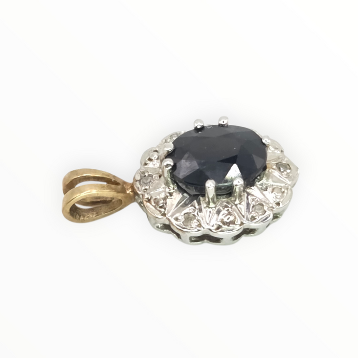 2810: Vintage 9ct Gold Blue Sapphire Diamonds Diana Style Pendant