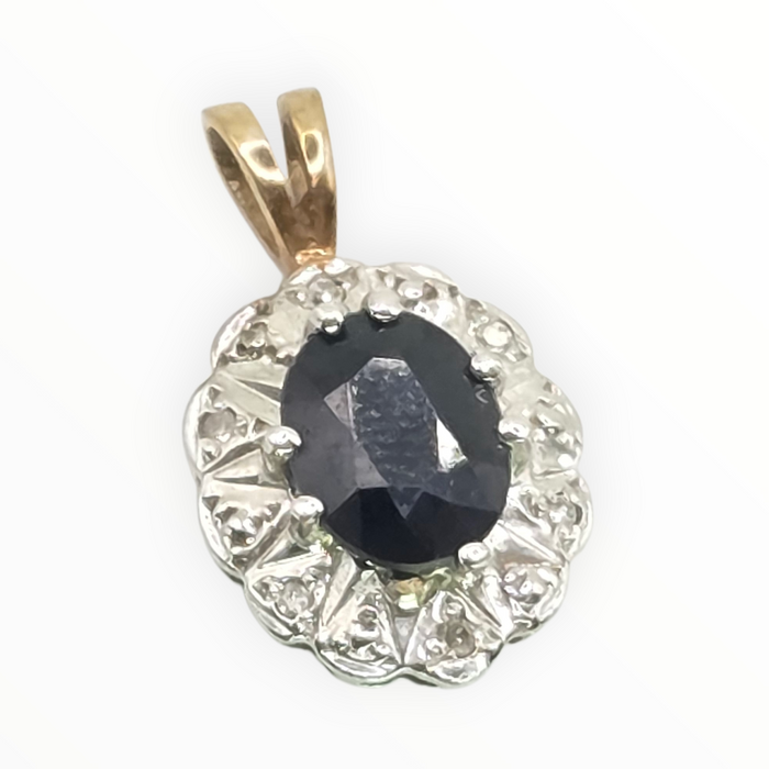 2810: Vintage 9ct Gold Blue Sapphire Diamonds Diana Style Pendant