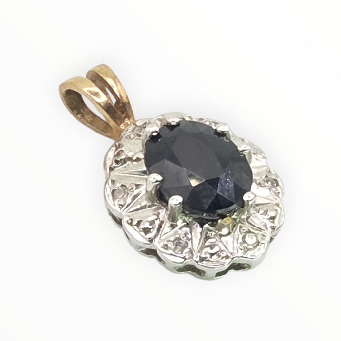 2810: Vintage 9ct Gold Blue Sapphire Diamonds Diana Style Pendant