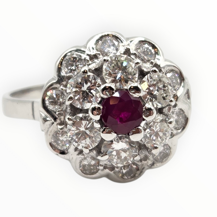 2821- Vintage 14ct White Gold  Ruby Natural Sparkling Diamonds (1.58ct) Cluster Ring