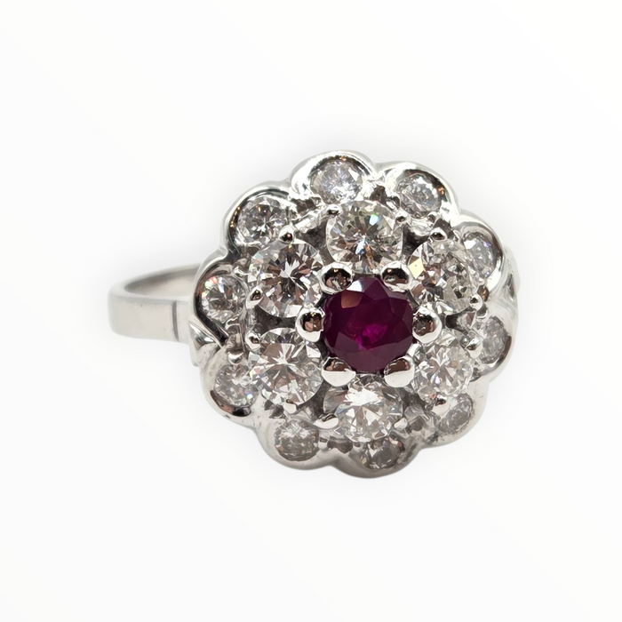 2821- Vintage 14ct White Gold  Ruby Natural Sparkling Diamonds (1.58ct) Cluster Ring