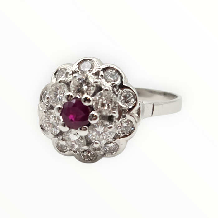 2821- Vintage 14ct White Gold  Ruby Natural Sparkling Diamonds (1.58ct) Cluster Ring