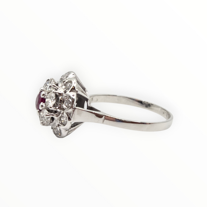 2821- Vintage 14ct White Gold  Ruby Natural Sparkling Diamonds (1.58ct) Cluster Ring