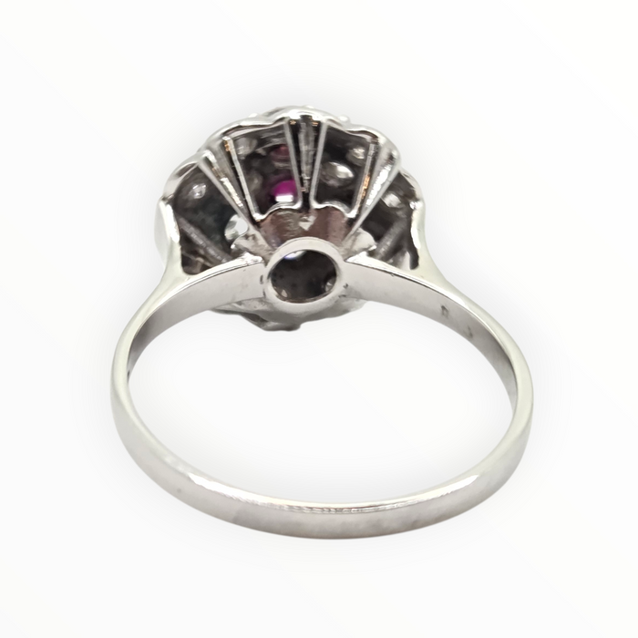 2821- Vintage 14ct White Gold  Ruby Natural Sparkling Diamonds (1.58ct) Cluster Ring