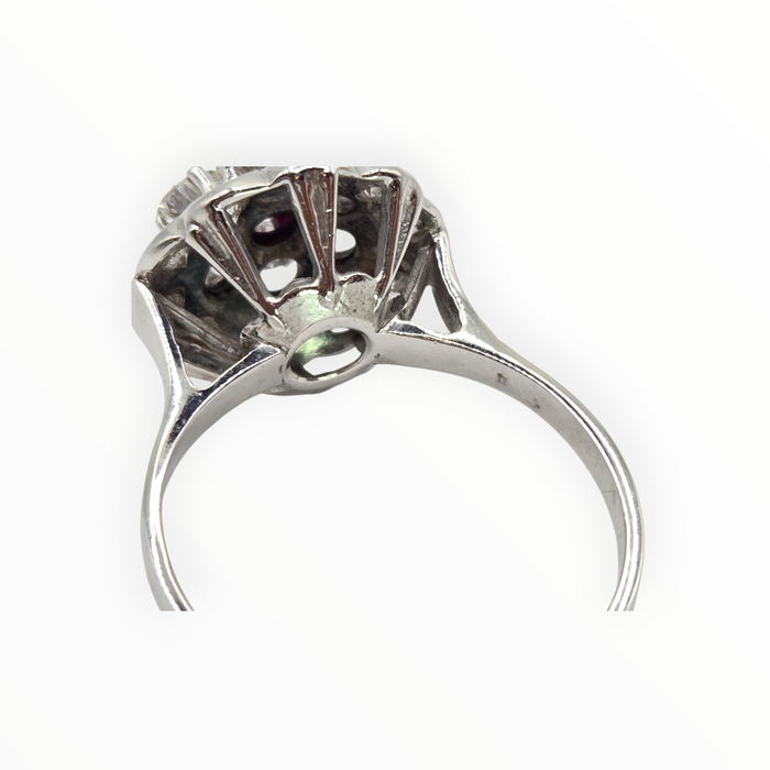 2821- Vintage 14ct White Gold  Ruby Natural Sparkling Diamonds (1.58ct) Cluster Ring