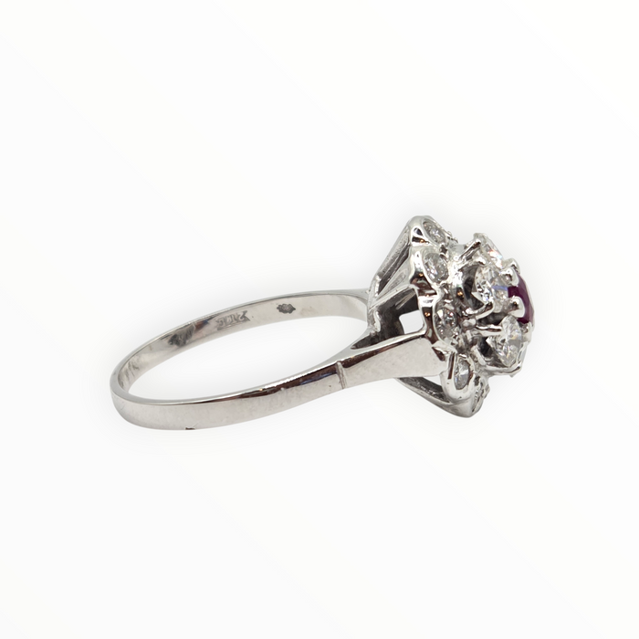 2821- Vintage 14ct White Gold  Ruby Natural Sparkling Diamonds (1.58ct) Cluster Ring